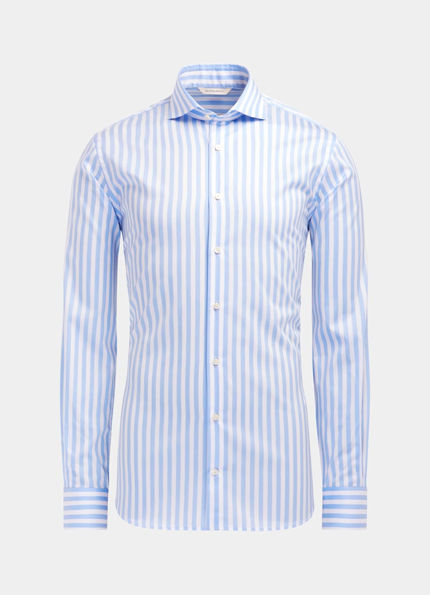 SUITSUPPLY Cotton Lyocell by Albini, Italy Light Blue Striped Twill Extra Slim Fit Shirt
