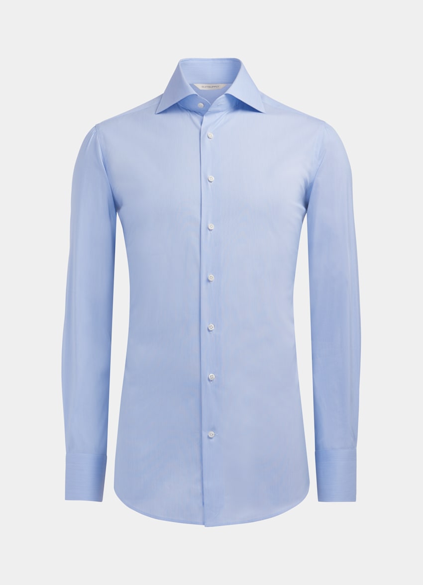 SUITSUPPLY Stretch Cotton Polyamide by Albini, Italy Light Blue Striped Poplin Extra Slim Fit Shirt