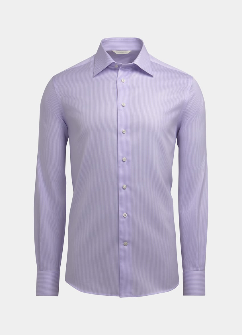 SUITSUPPLY Pure Cotton Traveller Lilac Striped Twill Slim Fit Shirt