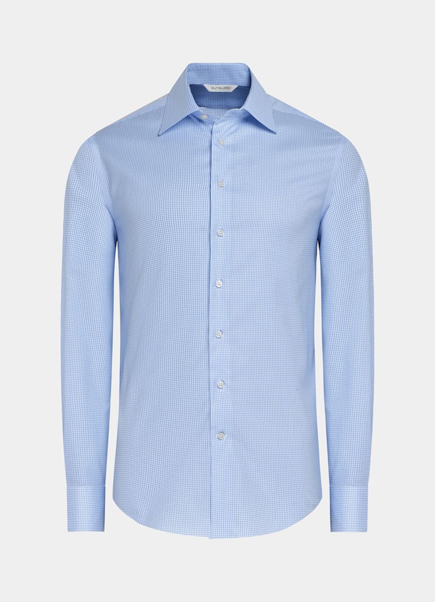 SUITSUPPLY Czysta bawełna Traveller Koszula twill slim fit w jasnoniebieską kratkę