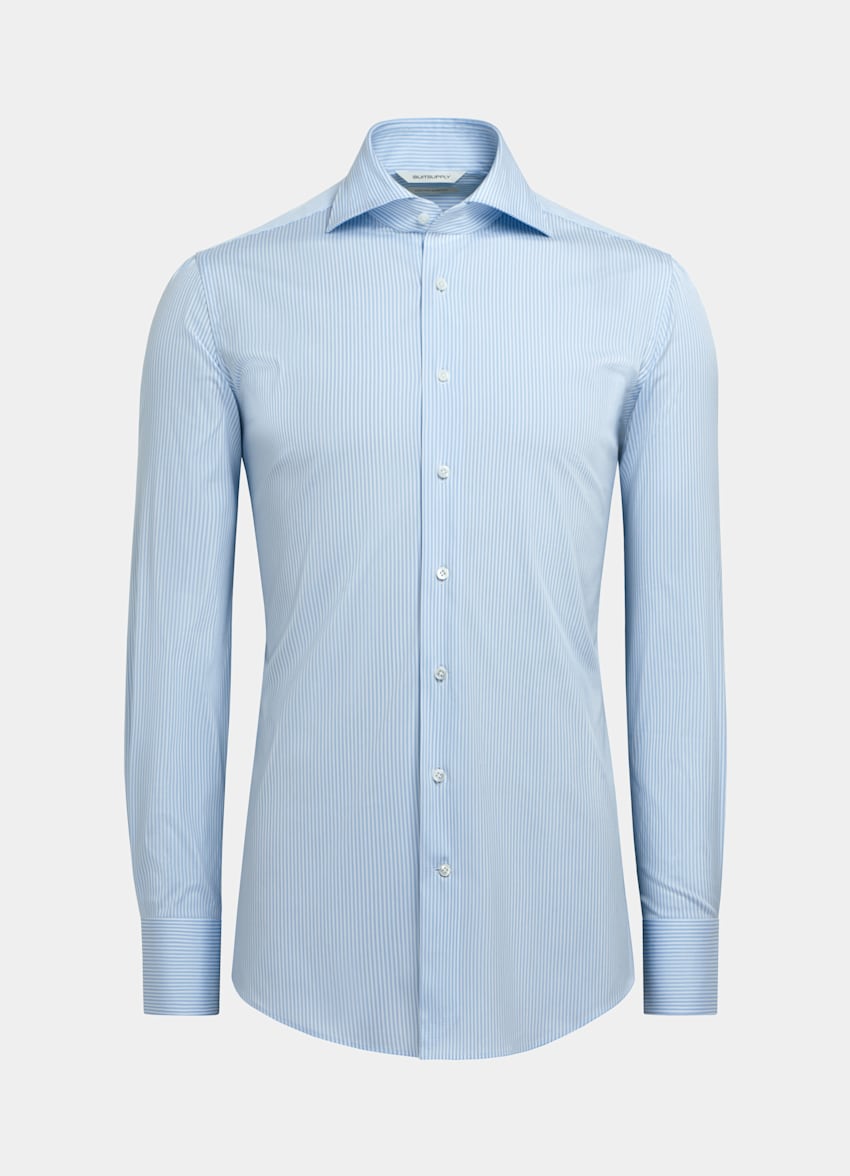 SUITSUPPLY Coton stretch et polyamide - Reggiani, Italie Chemise coupe très ajustée bleu clair à rayures