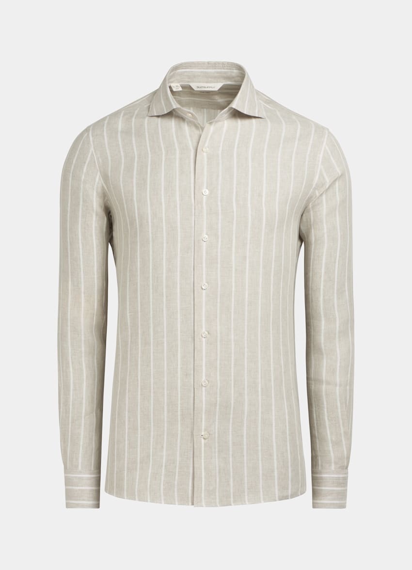 SUITSUPPLY Pure Linen by Albini, Italy Light Brown Striped Slim Fit Shirt