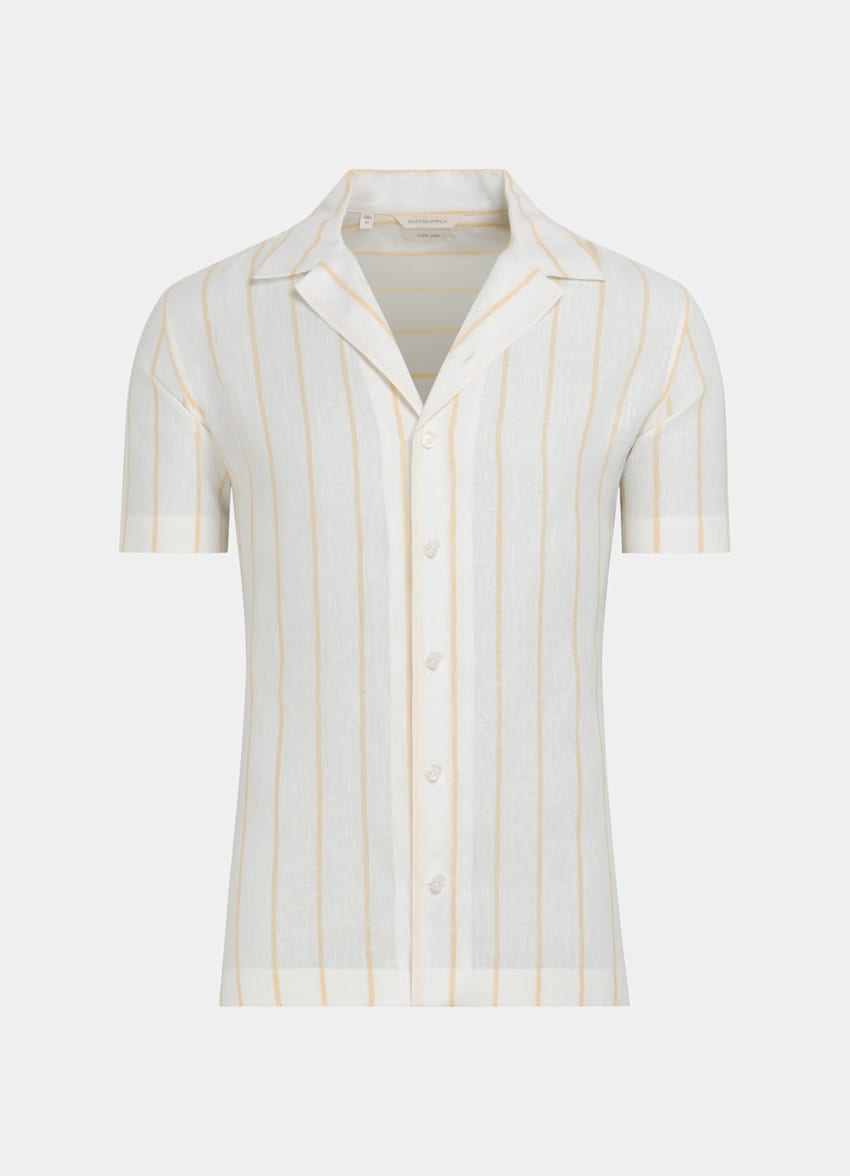 SUITSUPPLY Pure Linen by Drago, Italy Yellow Striped Camp Collar Slim Fit Shirt