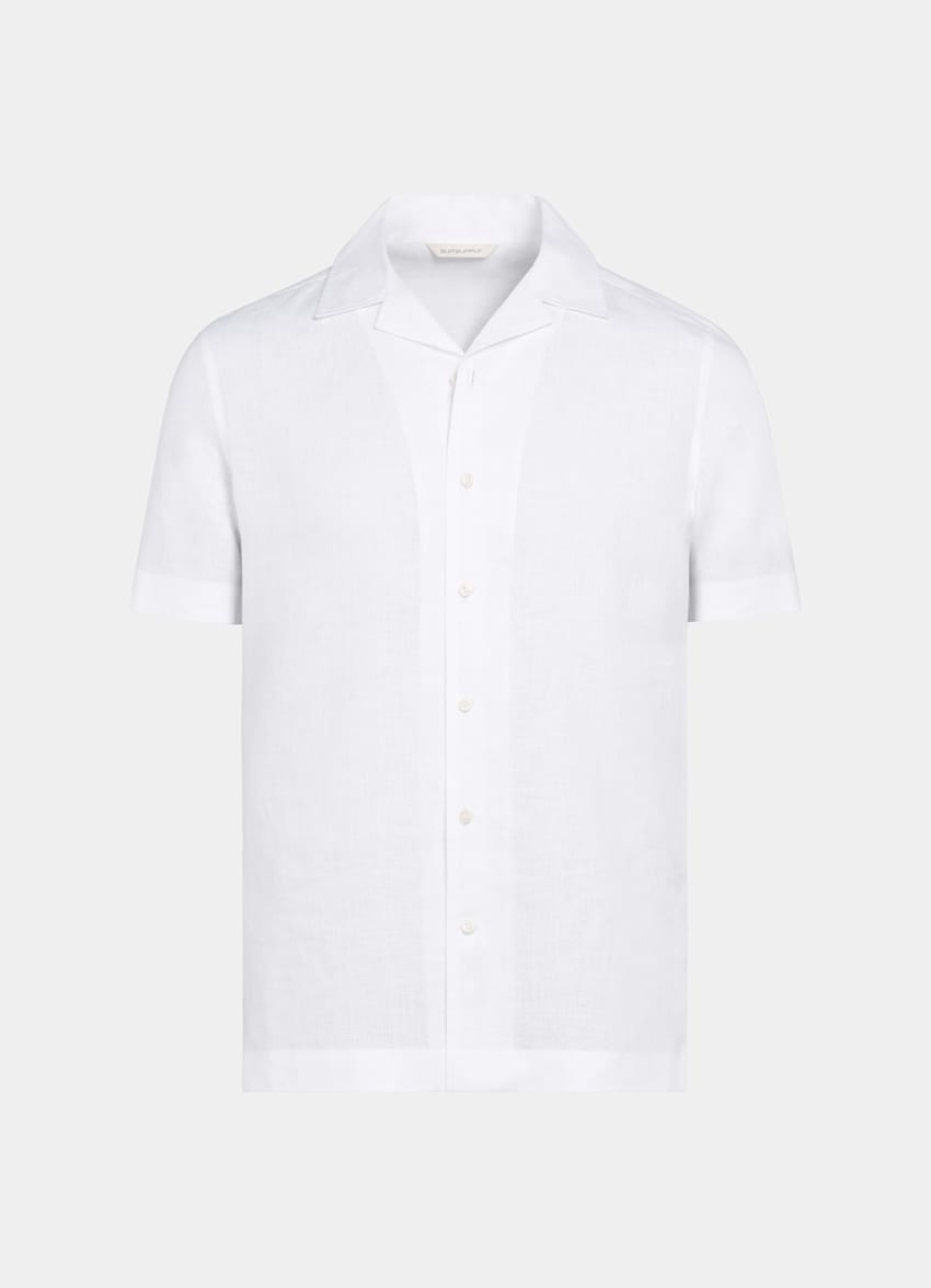 SUITSUPPLY Pure Linen by Albini, Italy White Camp Collar Slim Fit Shirt