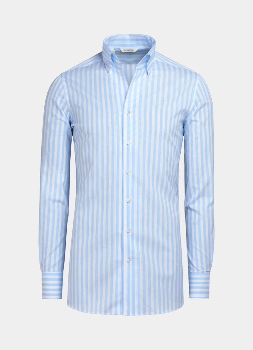 SUITSUPPLY Cotton Linen by Thomas Mason, Italy Light Blue Striped One Piece Collar Extra Slim Fit Shirt