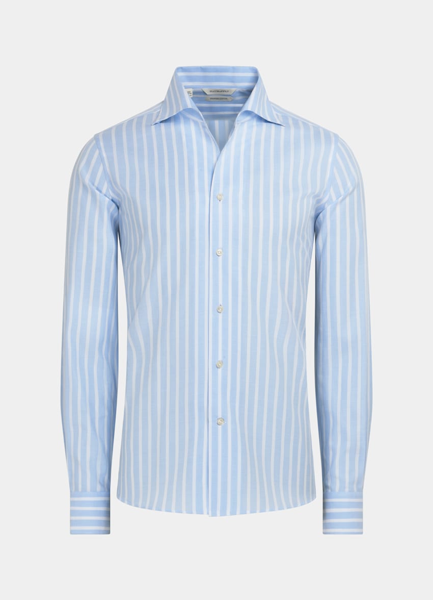 SUITSUPPLY Egyptian Cotton by Albini, Italy Blue Striped One Piece Collar Extra Slim Fit Shirt