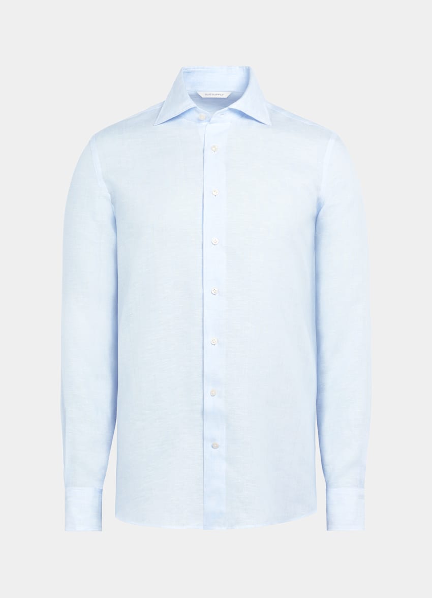 SUITSUPPLY Puro lino de Albini, Italia Camisa corte Slim azul claro