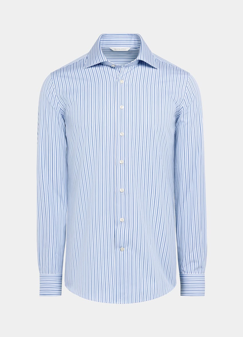 SUITSUPPLY Egyptian Cotton by Thomas Mason, Italy Light Blue Striped Poplin Slim Fit Shirt