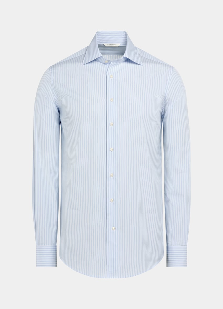 SUITSUPPLY Egyptian Cotton by Albini, Italy Light Blue Striped Poplin Slim Fit Shirt