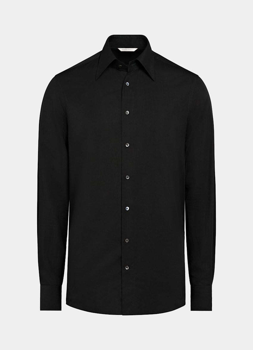 Black Large Classic Collar Slim Fit Shirt in Lyocell & Mulberry Silk ...