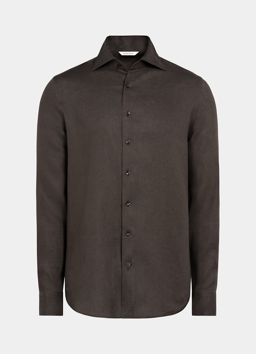 SUITSUPPLY Pure Linen by Albini, Italy Dark Brown Tailored Fit Shirt