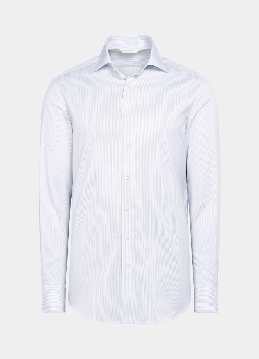 SUITSUPPLY Pima Cotton Traveller by Weba, Switzerland White Striped Twill Tailored Fit Shirt