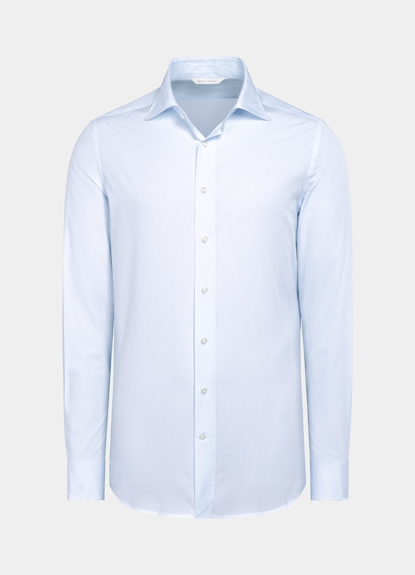 SUITSUPPLY Egyptian Cotton by Albini, Italy Light Blue Striped Poplin Tailored Fit Shirt