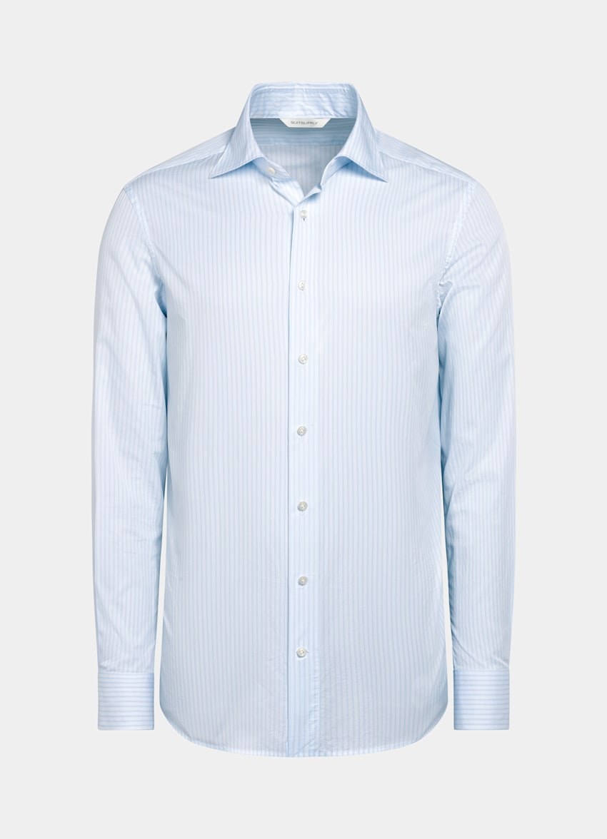 SUITSUPPLY Egyptian Cotton by Albini, Italy Light Blue Striped Poplin Tailored Fit Shirt