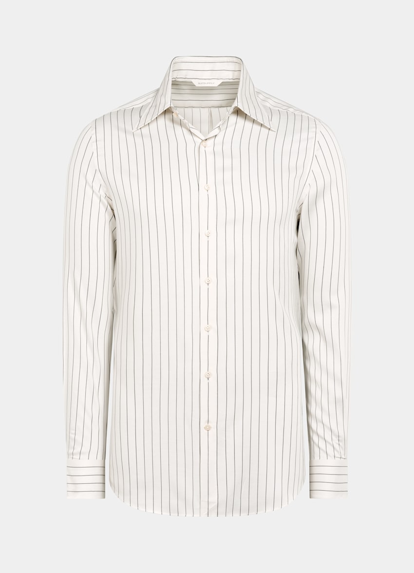 SUITSUPPLY Pure Lyocell by Testa Spa, Italy White Striped Large Classic Collar Tailored Fit Shirt