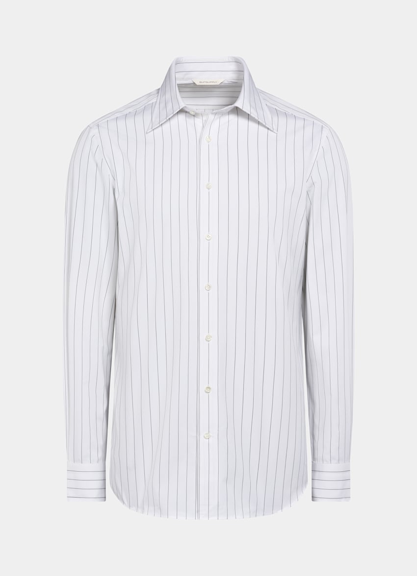 SUITSUPPLY Egyptian Cotton by Thomas Mason, Italy White Striped Large Classic Collar Tailored Fit Shirt