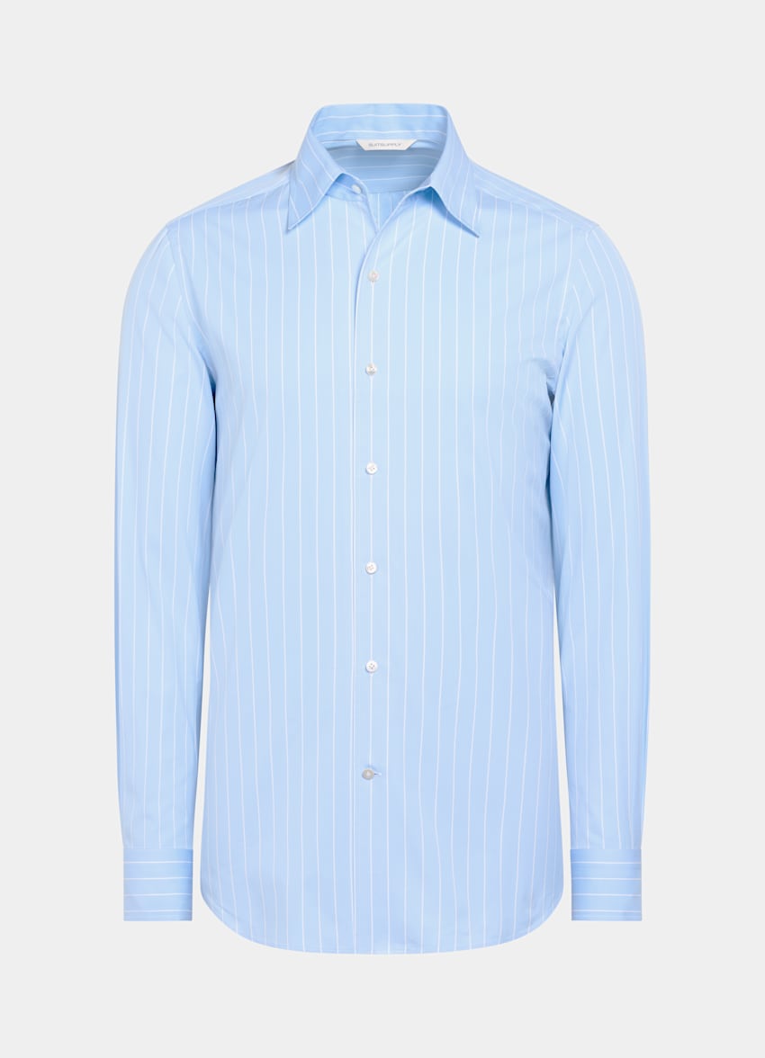 SUITSUPPLY Egyptian Cotton by Thomas Mason, Italy Light Blue Striped Tailored Fit Shirt