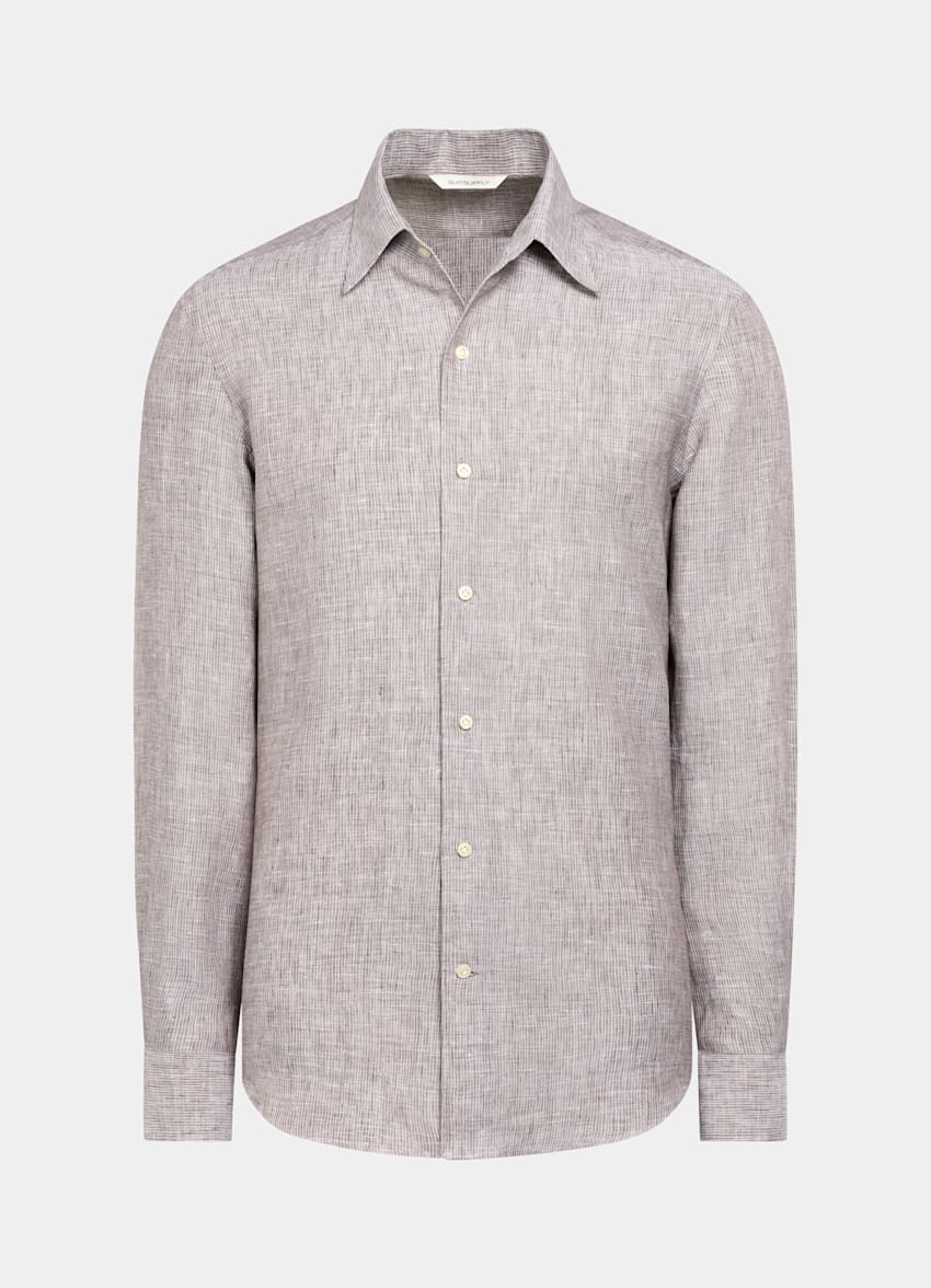 SUITSUPPLY Pure Linen by Albini, Italy Brown Striped Tailored Fit Shirt