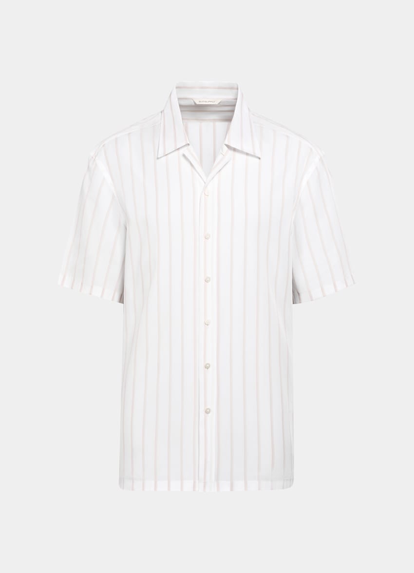 SUITSUPPLY Pure Lyocell by Albini, Italy White Striped Tailored Fit Short Sleeve Shirt