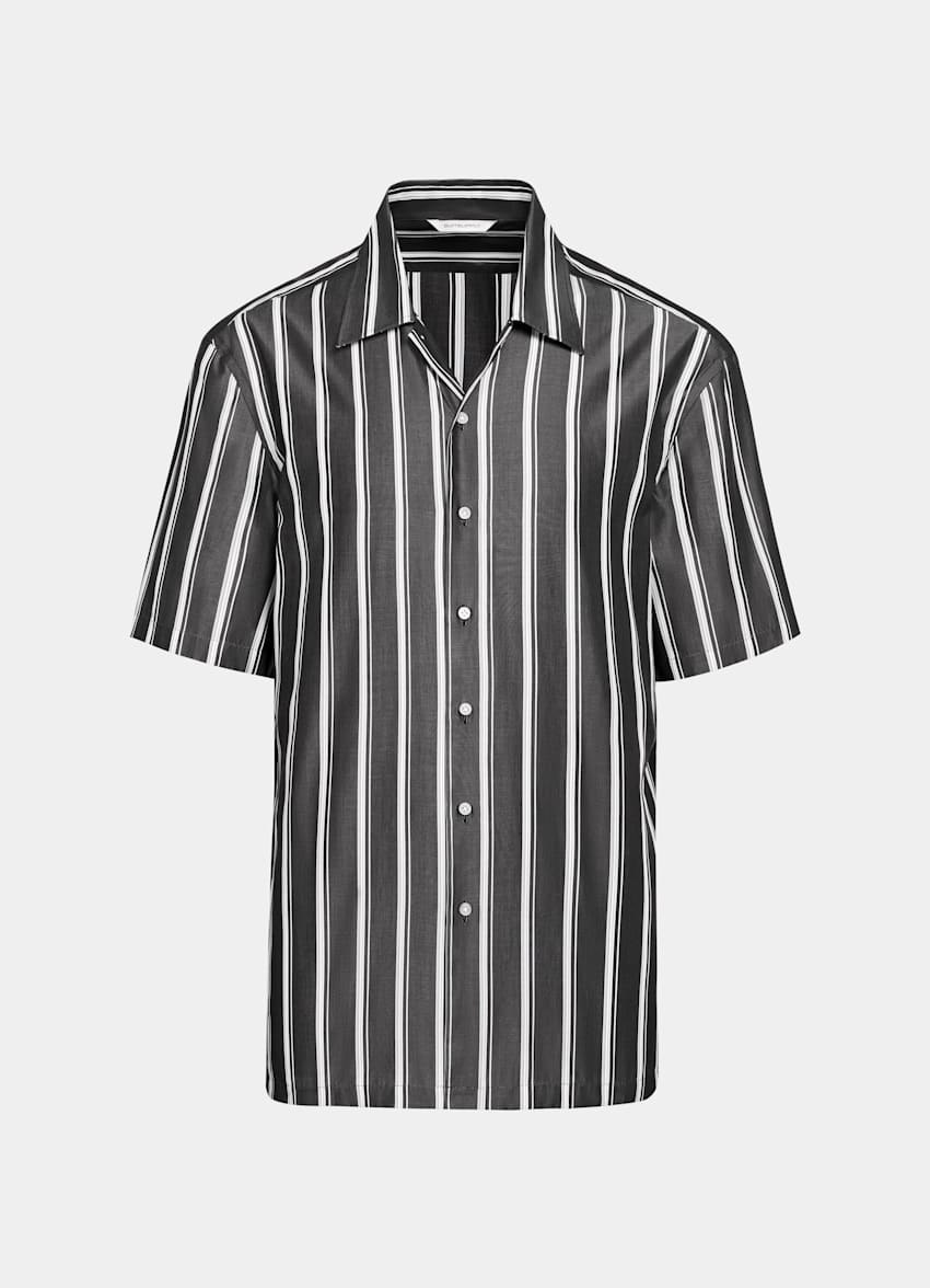 SUITSUPPLY Pure Lyocell by Albini, Italy Black Striped Tailored Fit Short Sleeve Shirt