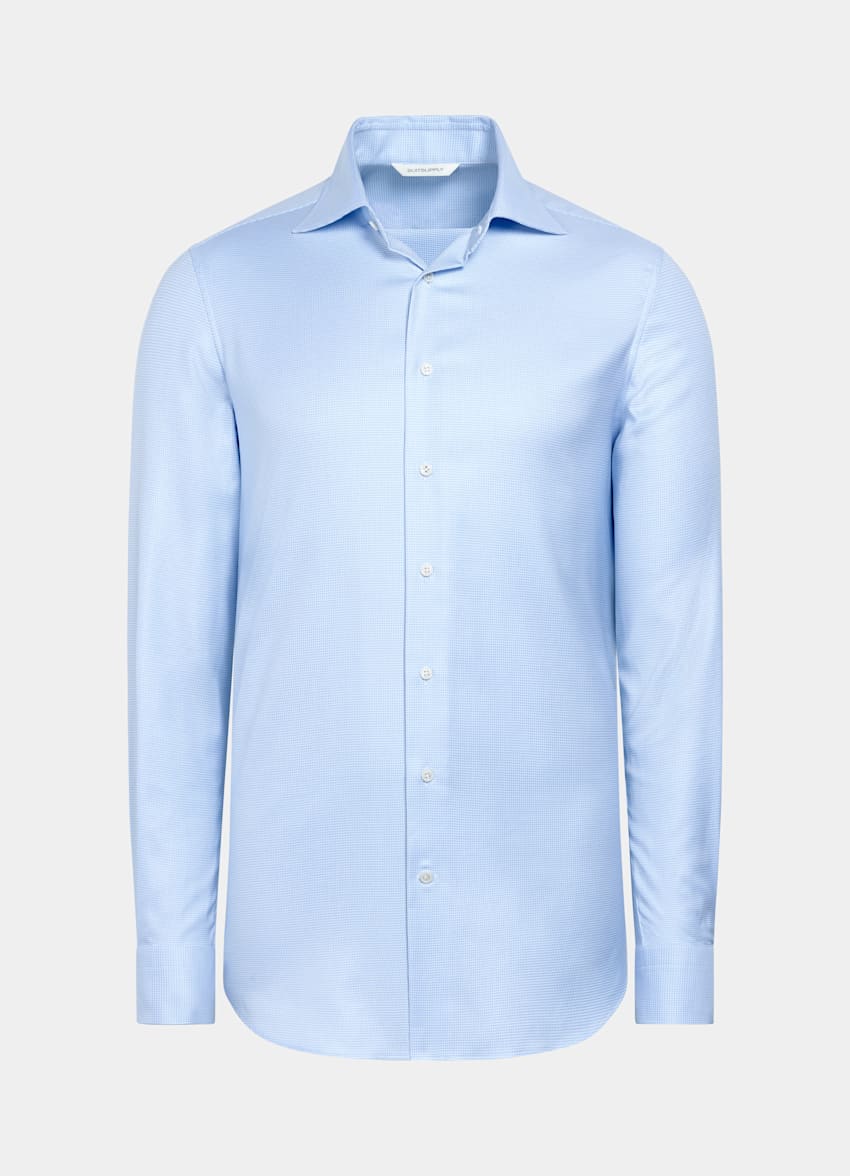 SUITSUPPLY Wrinkle-Free Pima Cotton by Weba, Switzerland Light Blue Houndstooth Tailored Fit Shirt