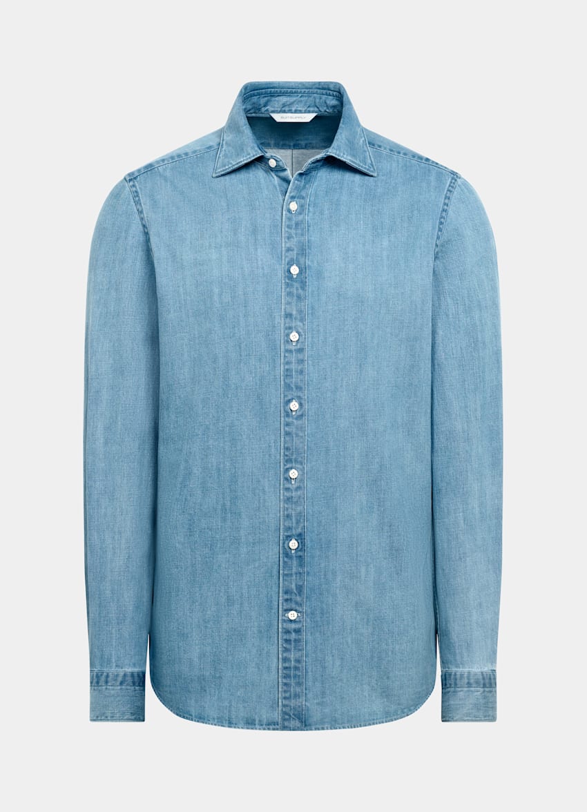 SUITSUPPLY Denim de algodón egipcio de Canclini, Italia Camisa denim azul medio