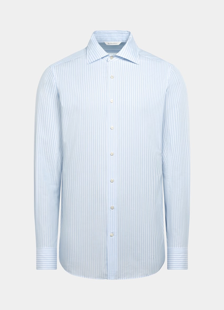 SUITSUPPLY Algodón egipcio de Albini, Italia Camisa azul claro a rayas con cuello italiano