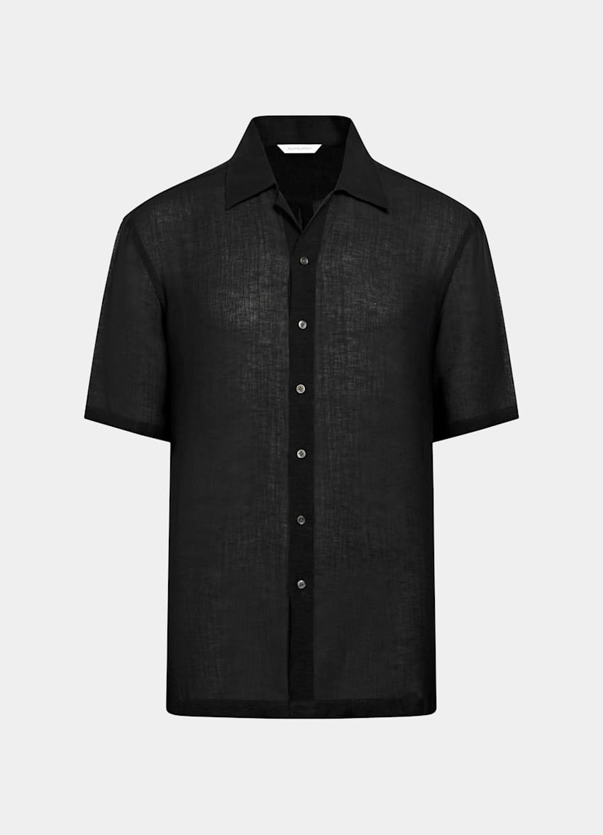 SUITSUPPLY 意大利 Emmetex 生产的原木天丝亚麻面料 黑色粘胶亚麻短袖衬衫