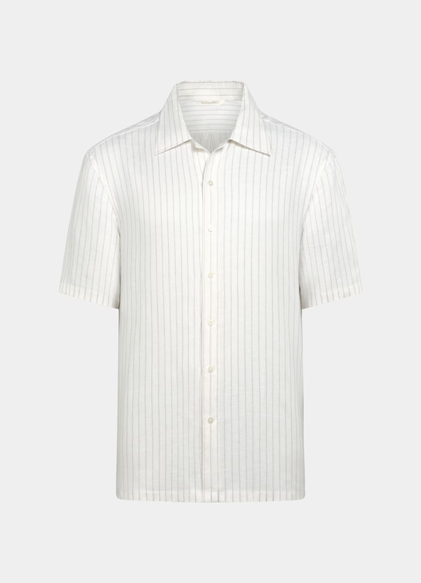 SUITSUPPLY Linen Lyocell - Testa 1919 Srl, Italie Light Grey Striped Linen Lyocell Short Sleeve Shirt