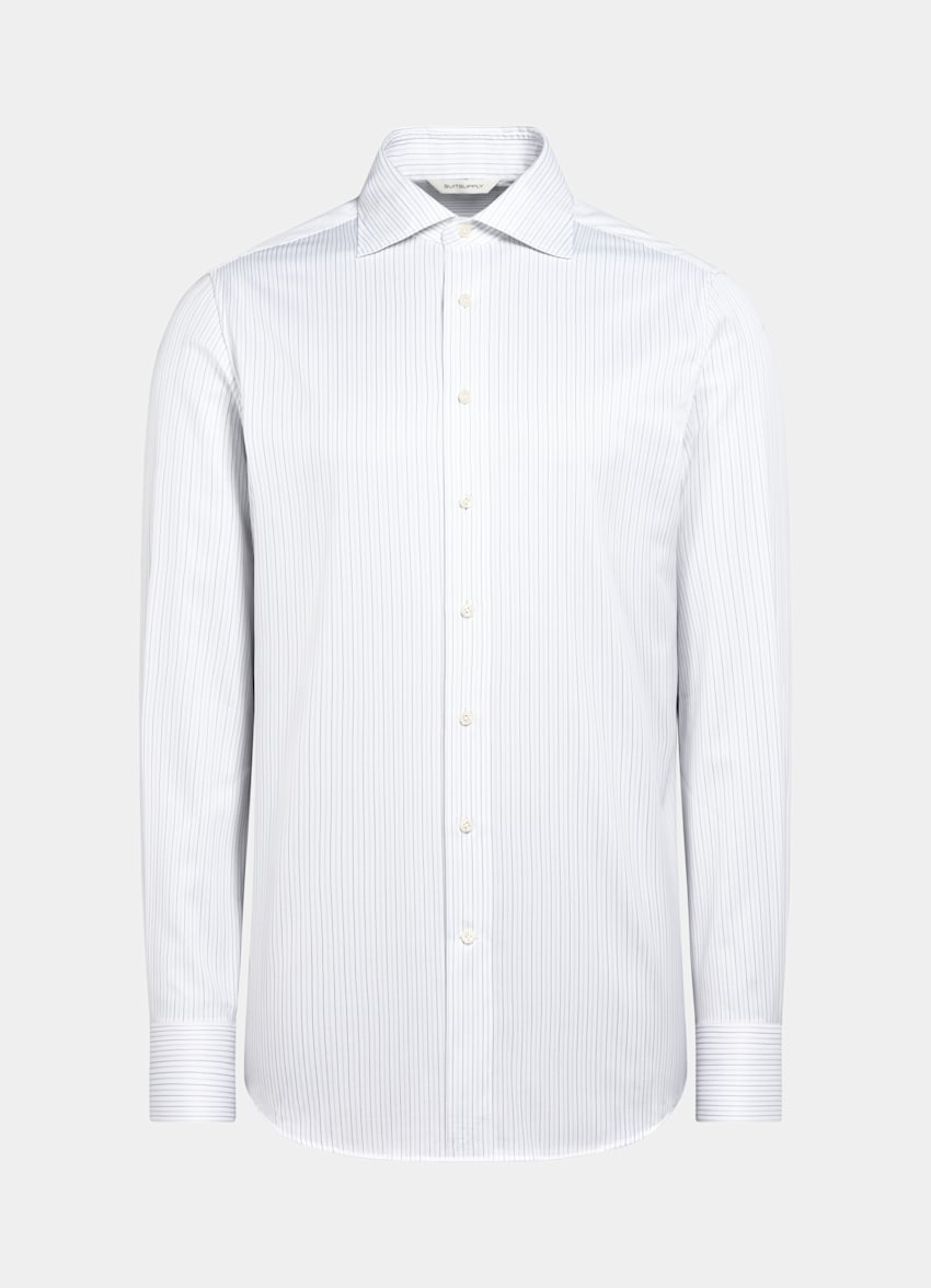 SUITSUPPLY Knitterfreie Pima-Baumwolle von Weba, Schweiz Hellgraues gestreiftes Hemd mit weit verbreitetem Kragen