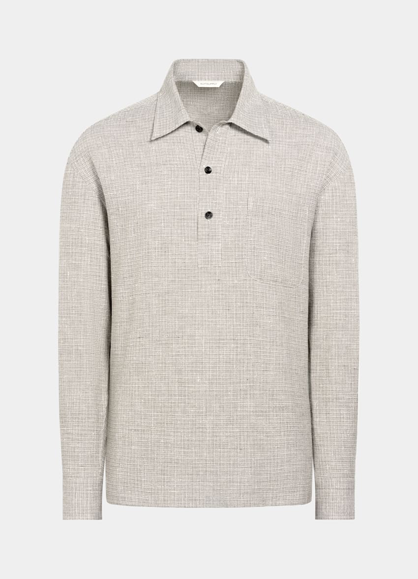 SUITSUPPLY Linen Cotton Blend by Ferla, Italy Mid Brown Checked Linen Cotton Blend Popover Shirt