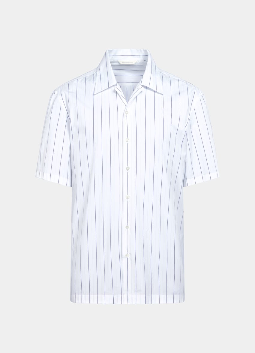 SUITSUPPLY Pure Cotton by Alfatex, Italy Mid Blue Striped Cotton Short Sleeve Shirt