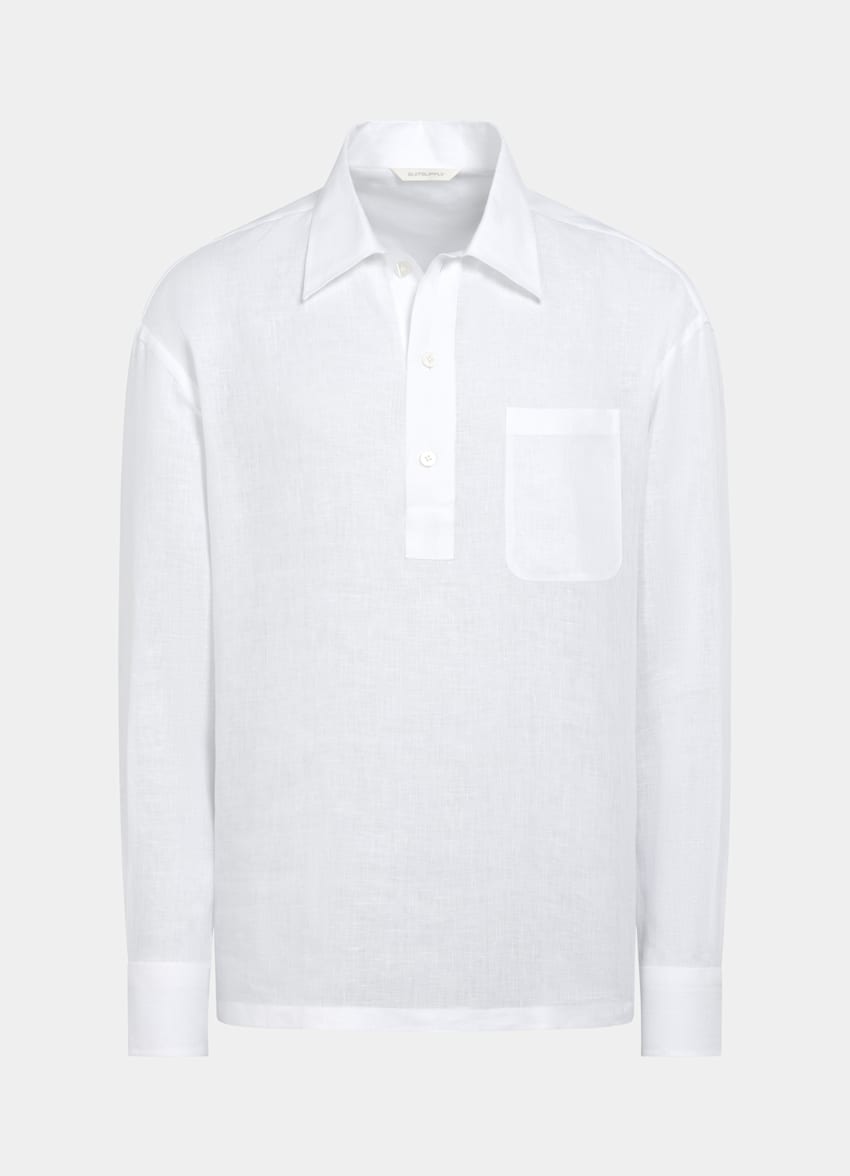 SUITSUPPLY 英国 Baird McNutt 生产的纯亚麻面料 白色亚麻套头衬衫 (Popover Shirt)