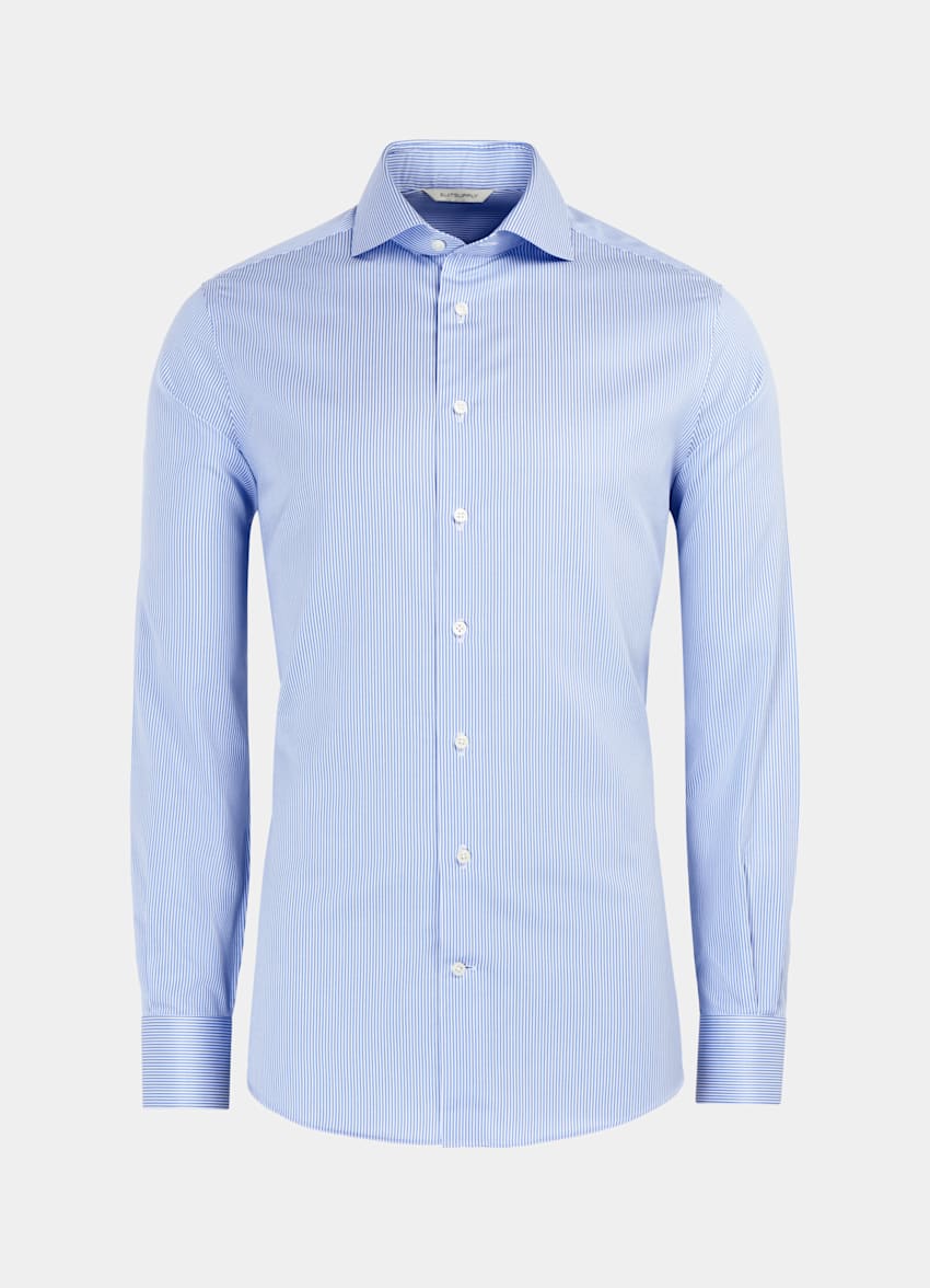 SUITSUPPLY Traveller 棉面料 中蓝色条纹特别修身剪裁衬衫