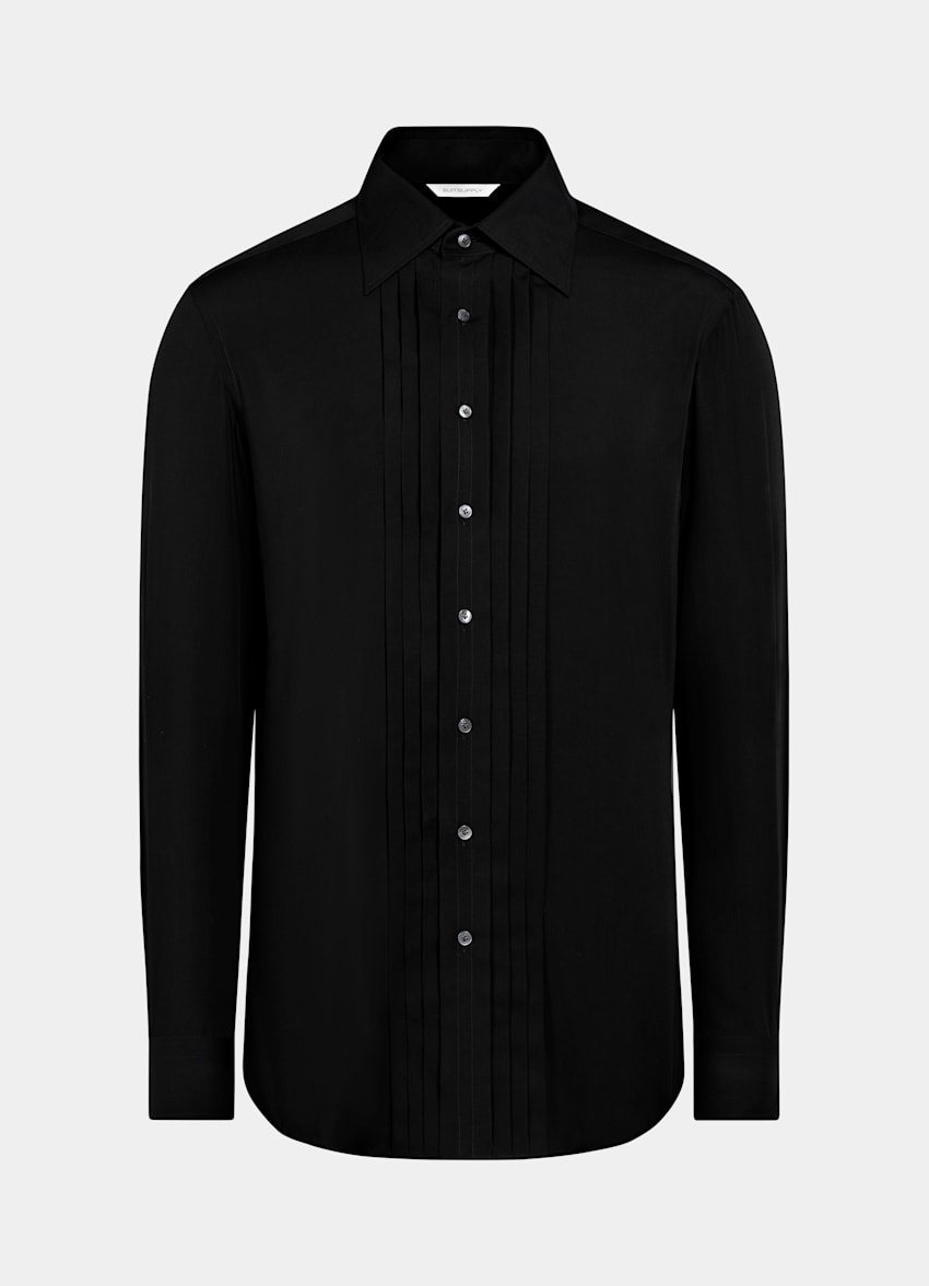 SUITSUPPLY Lyocell Silk by Albini, Italy Black Pliss&eacute; Tuxedo Shirt