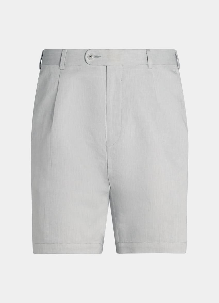 SUITSUPPLY Linen Cotton by Di Sondrio, Italy Light Grey Pleated Firenze Shorts