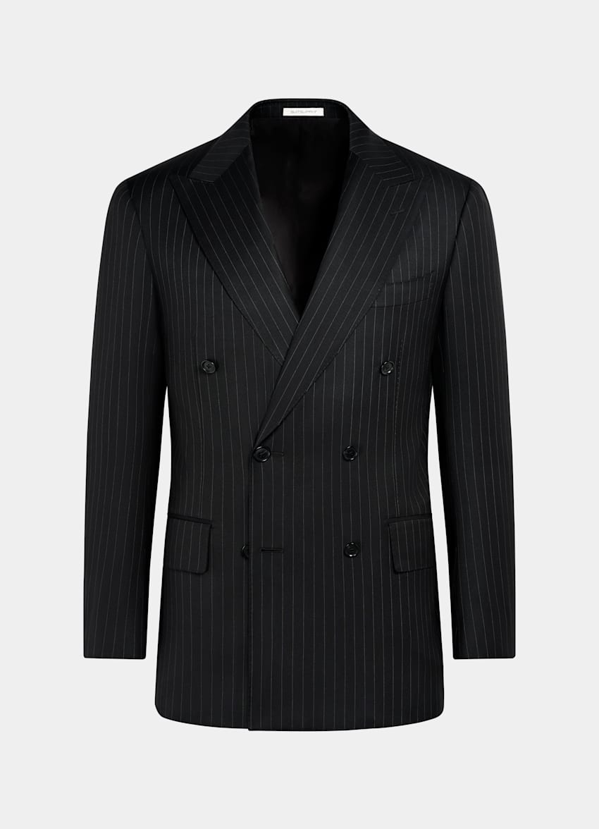 SUITSUPPLY All Season Pure S130's Wool by Drago, Italy Black Striped Tailored Fit Milano Suit