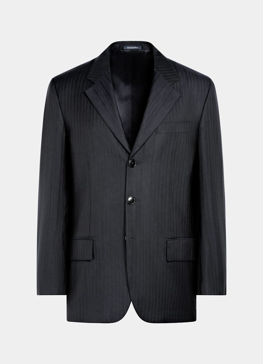 SUITSUPPLY All Season Wool Silk by Rogna, Italy Navy Herringbone Relaxed Fit Brera Suit
