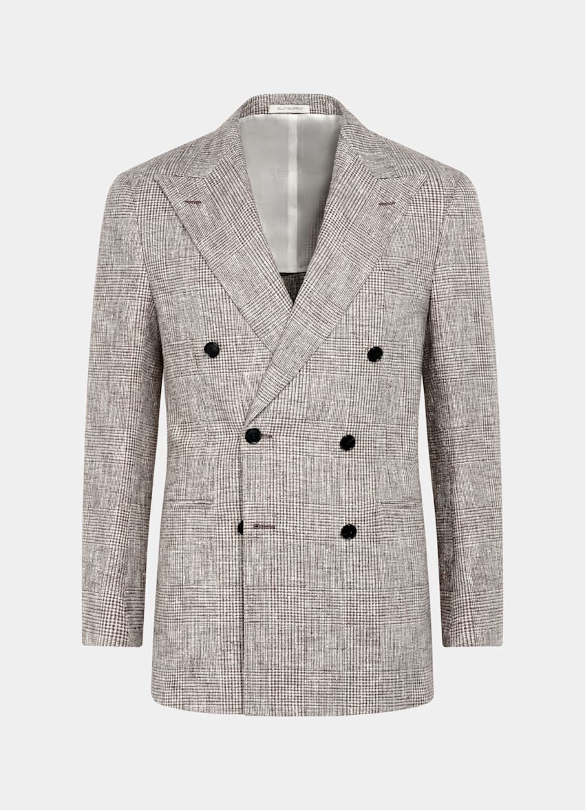 SUITSUPPLY Summer Linen Wool Silk Blend by Ferla, Italy Mid Brown Checked Tailored Fit Havana Suit