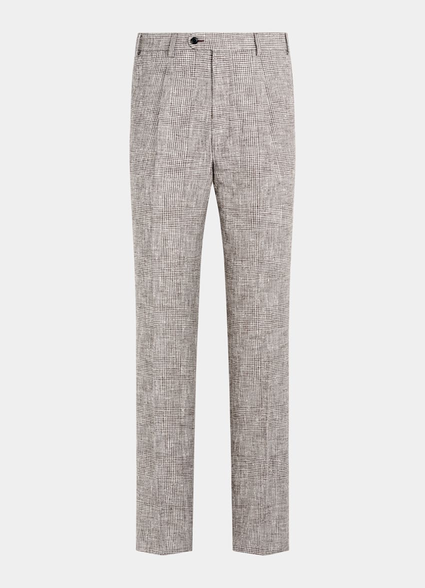 SUITSUPPLY Summer Linen Wool Silk Blend by Ferla, Italy Mid Brown Checked Tailored Fit Havana Suit