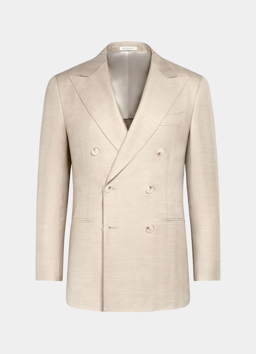 SUITSUPPLY Summer Wool Silk Linen by Rogna, Italy Sand Herringbone Tailored Fit Havana Suit
