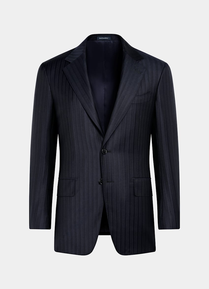 SUITSUPPLY All Season Wrinkle-Free Wool de Lanificio Ermenegildo Zegna, Italia Navy Striped Tailored Fit Milano Suit