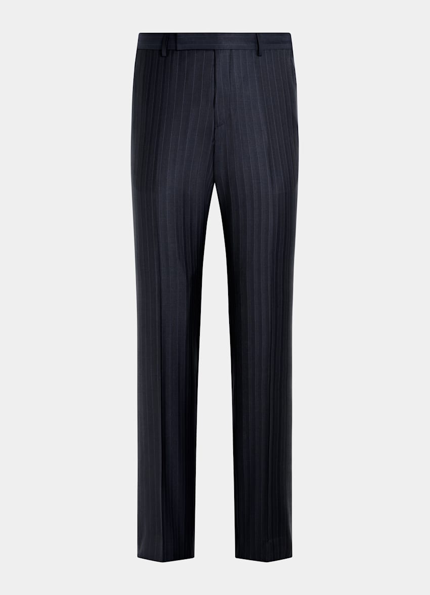 SUITSUPPLY All Season Wrinkle-Free Wool de Lanificio Ermenegildo Zegna, Italia Navy Striped Tailored Fit Milano Suit