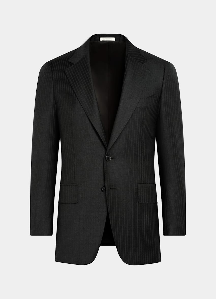 SUITSUPPLY All Season Wrinkle-Free Wool by Lanificio Ermenegildo Zegna, Italy Dark Grey Striped Tailored Fit Milano Suit
