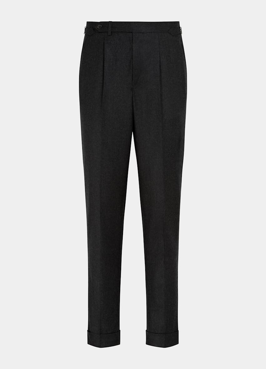 SUITSUPPLY Pure S120's Flannel Wool by Vitale Barberis Canonico, Italy Dark Grey Pleated Vigo Trousers