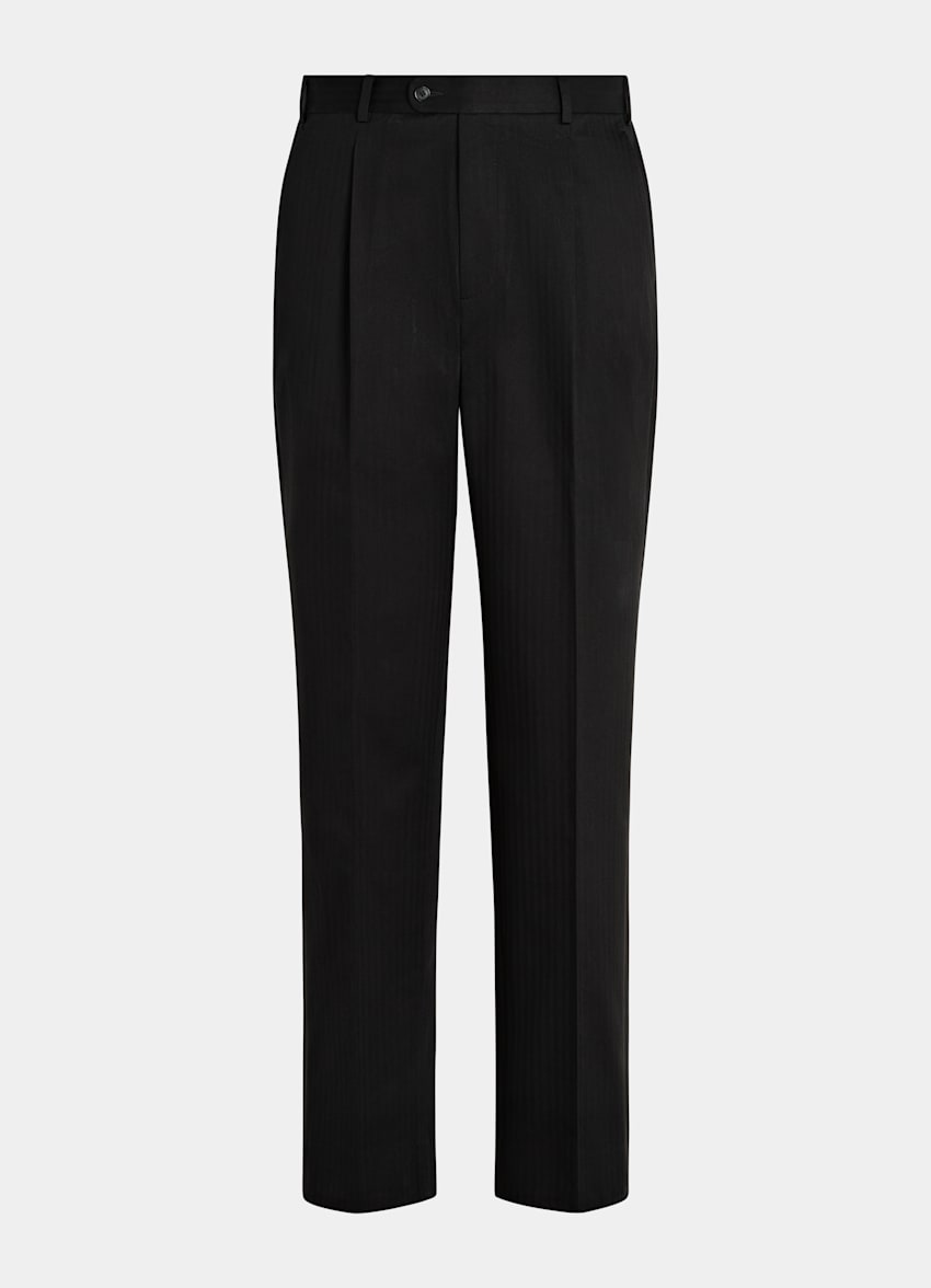 SUITSUPPLY Pure Cotton by Di Sondrio, Italy Black Herringbone Wide Leg Tapered Trousers
