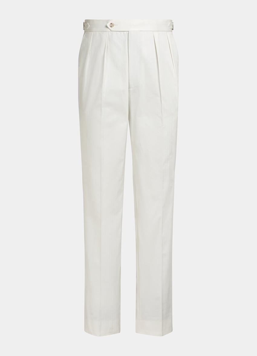 SUITSUPPLY All Season Pure Cotton by Di Sondrio, Italy Off-White Herringbone Wide Leg Tapered Trousers