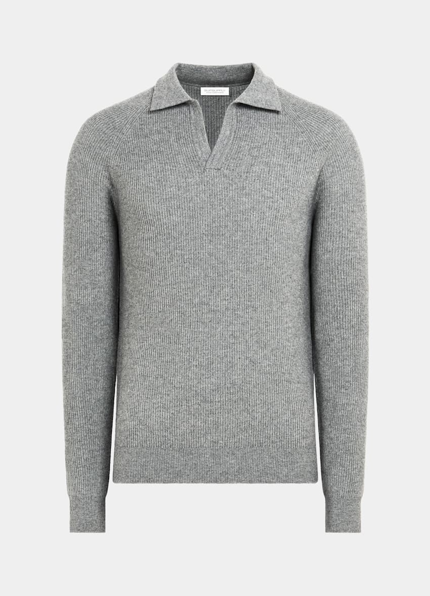 SUITSUPPLY Australian Wool & Mongolian Cashmere Grey Ribbed Long Sleeve Buttonless Polo Shirt