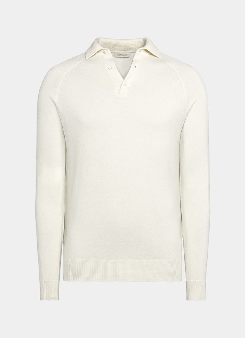 SUITSUPPLY Australian Wool & Mongolian Cashmere Off-White Long Sleeve Polo Shirt 