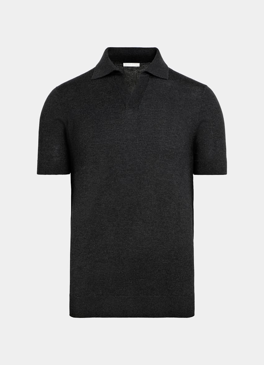 SUITSUPPLY Silk, Wool, Cashmere Dark Grey Buttonless Polo Shirt 
